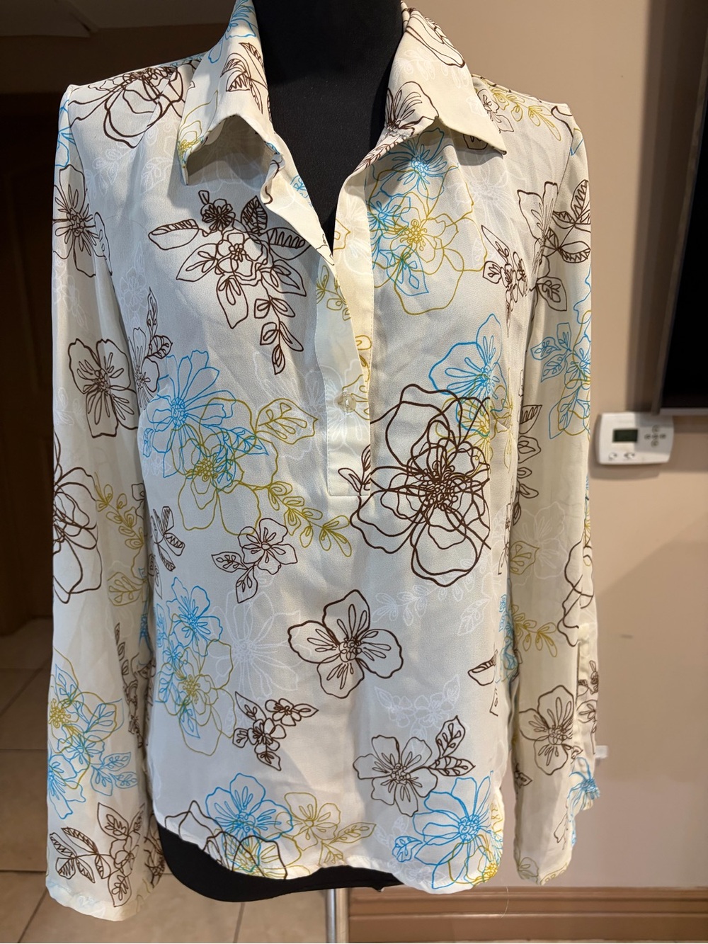 The Girls Cream Floral Button-Down Blouse with Blue and Brown Accents